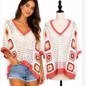 Mello Crochet Knit Top Womens Large White Coral Granny Square Festival Reto